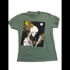 Threadless Skeleton Flowers Graphic T-Shirt Men's Size S Green